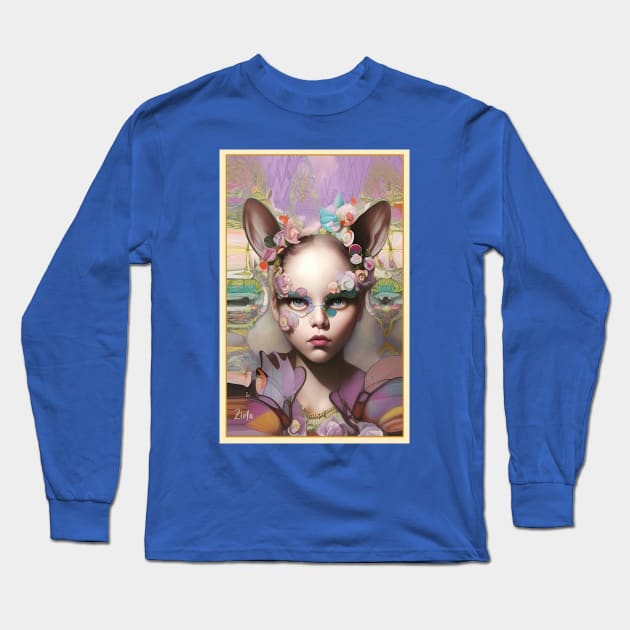 Stunning pop surrealism dream painting of a girl with flowers and ears of a cat Long Sleeve T-Shirt by ZiolaRosa